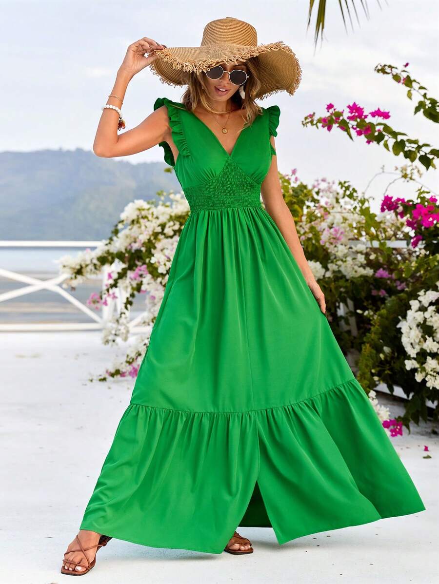 SHEIN VCAY Women's Plain Deep V-Neck Shirred Green Dress - Green - View 1