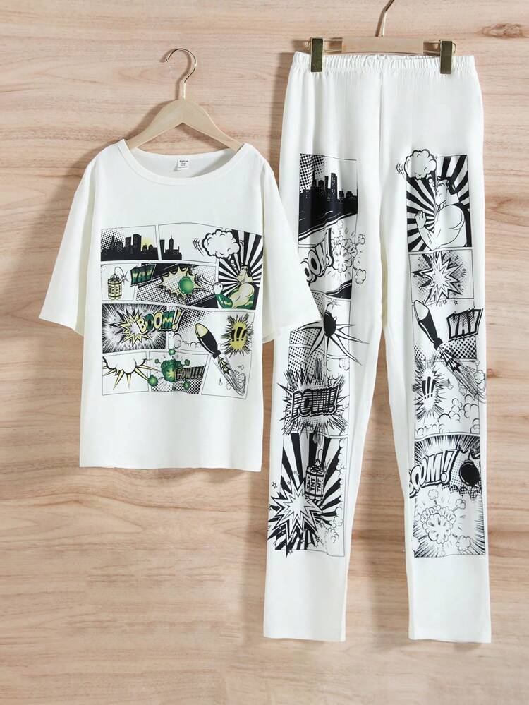Teen Boy Comfortable 2pcs/Set Letter Print Short Sleeve T-Shirt And Pants Homewear