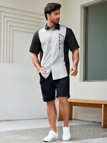 Manfinity Homme Camisa Masculina Plus Size Contrastante De Manga Curta Com Design Estampado - Cinza Claro - Visão 3