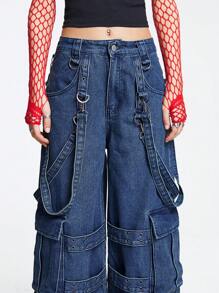 ROMWE Grunge Punk 学校风翻盖口袋工装牛仔裤 - 深色水洗藍 - 查看 6