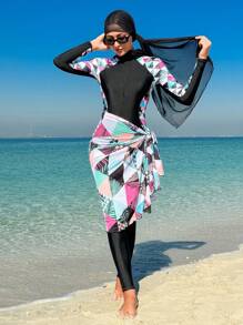 Của phụ nữ Hình học Và In thực vật Vá lại Áo tắm một mảnh - màu đen - Xem 3