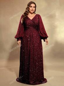 UNITHORSE UNITHORSE Plus Size Lantern Sleeve Sequined Formal Dress, Elegant Long Sleeve Prom Evening Wedding Guest Gown, For Graduation, Dinner, Bride Dress, Birthday Women Outfits, Graduation Dress,Party Dress