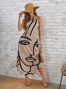 SHEIN LUNE Vestido sin mangas con estampado abstracto para mujer, informal - Caqui - Ver 4