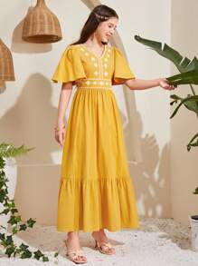 SHEIN Vestido De Punto Bordado Con Cuello En V Para Adolescentes - Amarillo - Ver 3
