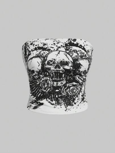 Goth Top Bandeau Estampado De Calavera Para Mujer