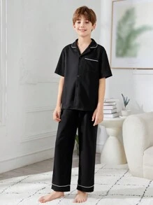 SHEIN 2pcs/Set Tween Boys' Casual Solid Color Knitted Short Sleeve Shirt And Pants Homewear With Collar - Black - View 4