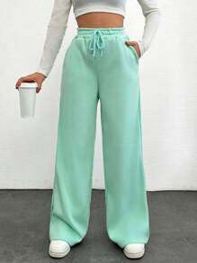 SHEIN Cottnline Women's Drawstring Waist Solid Color Wide Leg Pants - Cadet Blue - View 4