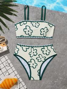 Tween Girl Two-Piece Bikini Set With Floral Print Summer Beach - Multicolor - View 1
