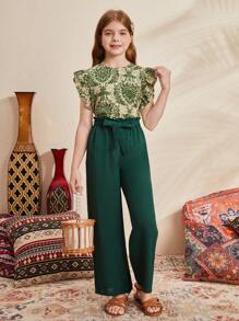 SHEIN Leap Crew Tween Girls' Loose Fit Casual Round Neck Short Cap Sleeve Top And Wide Leg Pants Set With Waist Belt - Green - View 5
