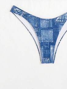 SHEIN Swim Bộ bikini cổ yếm hiệu ứng denim đi biển mùa hè - Màu xanh lam - Xem 3