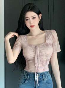 DAZY 女士百褶短袖t恤上衣 - 粉色 - 查看 4