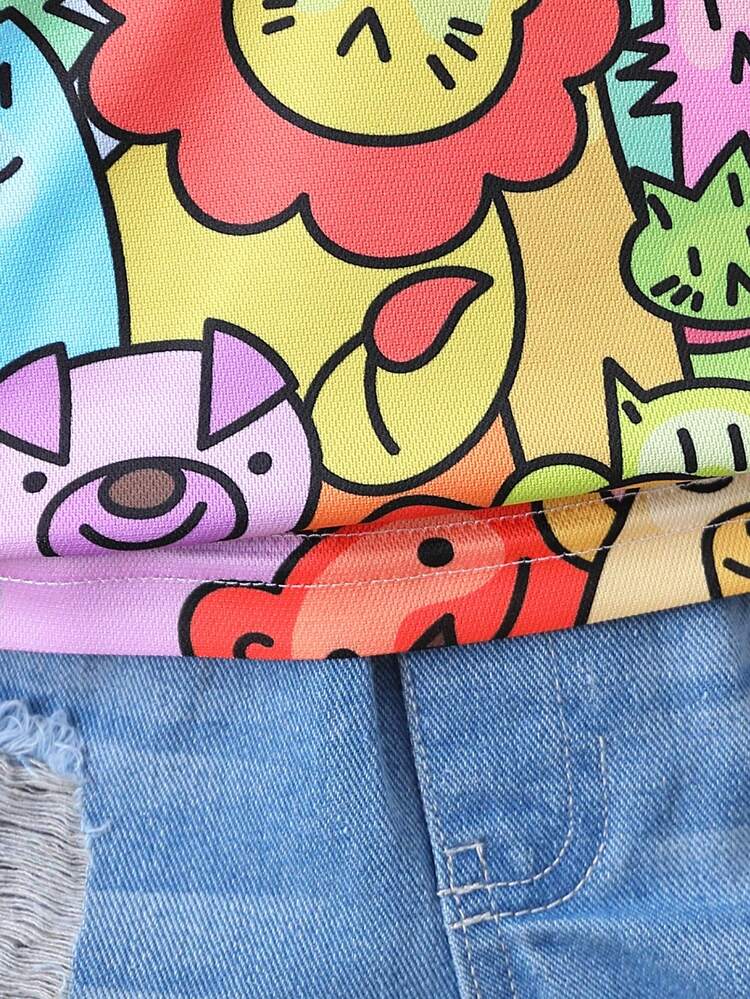 Baby Boy's Stylish And Cute Lion Printed Polo Shirt & Elastic-Waist Medium Blue Washed Ripped Denim Shorts