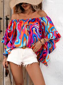 Breezaya Trừu tượng In Off Shoulder Áo sơ mi - Nhiều màu - Xem 5
