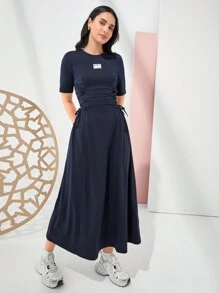 Seusyu Women's Solid Color Simple Style Waist-Cinched Dress - Navy Blue - View 6