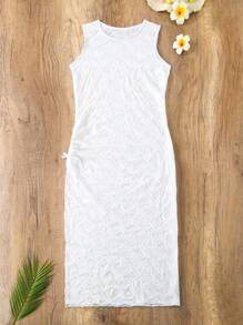 Teen Girls' Sheer Mesh Texture Drawstring Side Vest Cover Up Dress - White - View 1