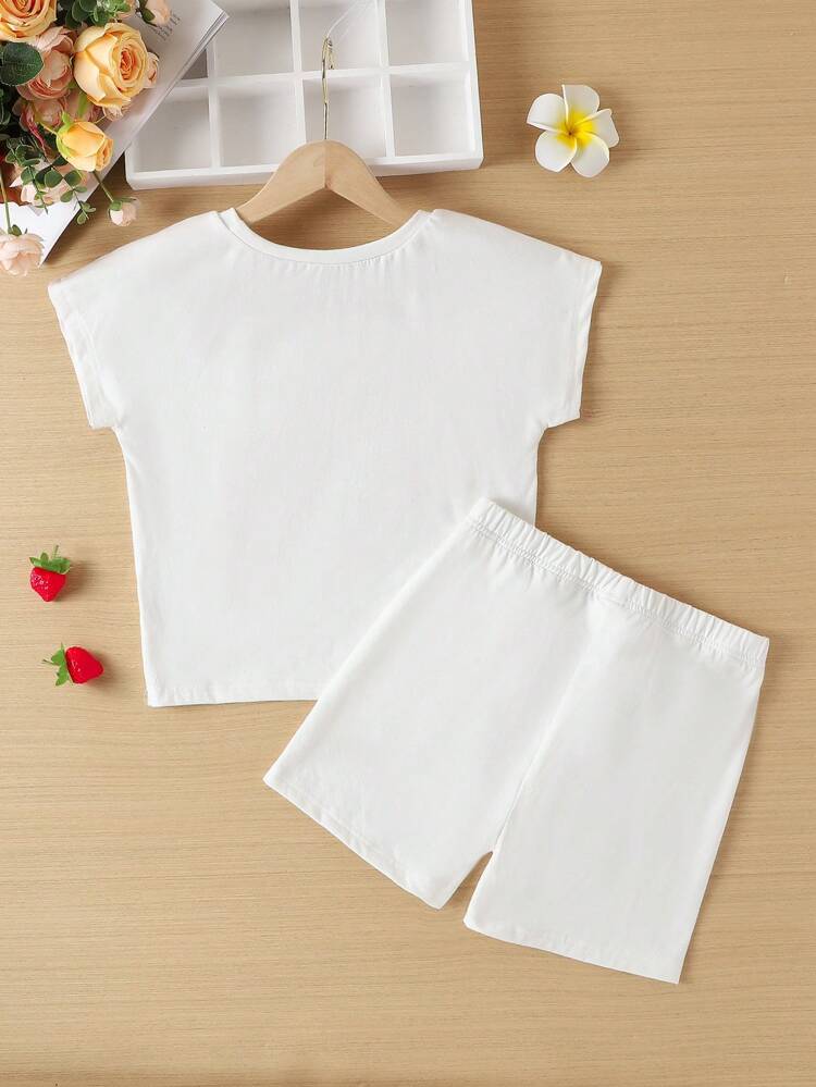 Teen Girls' White Strawberry Print Shorts And Short Sleeve Top Casual 2pcs Pajama Set