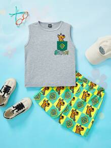 SCOOBY-DOO X SHEIN 少年男孩卡通圖形背心和短褲套裝 - 彩色 - 查看 1