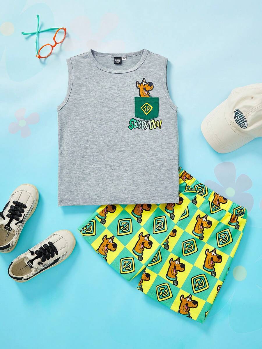 SCOOBY-DOO X SHEIN 少年男孩卡通圖形背心和短褲套裝 - 彩色 - 查看 1