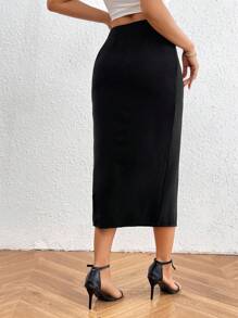 SHEIN Privé Falda De Encaje Con Abertura En La Pierna Alta Para Mujer - Negro - Ver 2