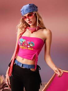 THE POWERPUFF GIRLS X SHEIN Hình ảnh hoạt hình và chữ cái Dây rút Xù Ống ngọn - Màu Hồng Tươi - Xem 1