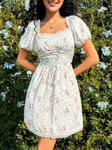 Soleia 花卉印花泡泡袖裙 - 綠色 - 查看 5