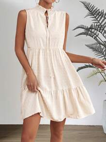 SHEIN LUNE Đúng mốt Của phụ nữ Không tay Ruffled Hem Đầm - Màu be - Xem 3