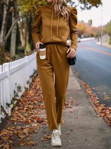 SHEIN LUNE Của phụ nữ Ống tay áo Dây rút Áo nỉ có mũ Và Quần thể thao Bộ - màu nâu - Xem 5