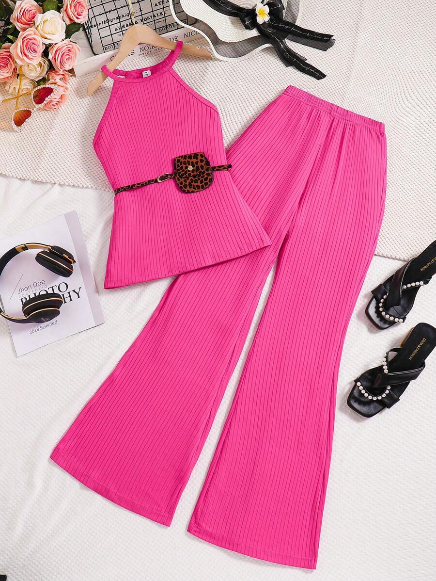 Teen Girl's Summer Halter Top And Bell Bottoms Set With Waist Bag And Belt - Hot Pink - View 1