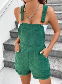 SHEIN Unity Corduroy Short Rolled Cuff Overalls - Green - View 3