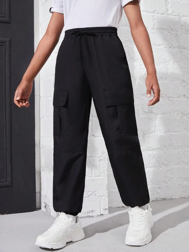 Tween Boys' Black Cargo Pants, Casual Sports Trousers For Outdoor Activities, Parent-Child Outfits