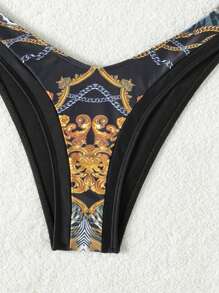 SHEIN Swim Baroque Printing Patchwork Spaghetti Strap Bikini Set Summer - Black - View 5