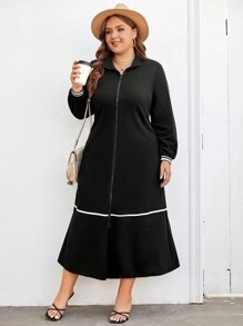 Mulvari 女士加大號色塊拉鍊寬鬆休閒連衣裙 - 黑色 - 查看 5