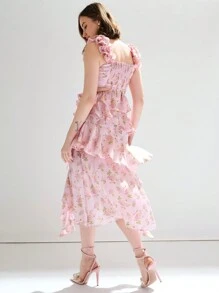 Enchnt Women's Romantic Floral Print Cut Out Ruffle Hem Asymmetrical Flowy Dress, Sundress Summer Dress - Pink - View 2