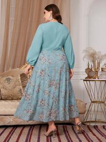 Modelyn Plus Size Random Floral Print Lantern Sleeve Belted Dress - Mint Green - View 2