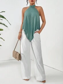 SHEIN Essnce Asymmetrical Hem Halter Top #Easter - Army Green - View 4