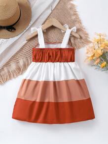 SHEIN Young Girl's Color Block Cami Dress With Bow Embellishment