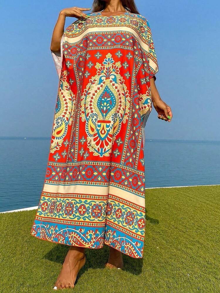 Summer Women's Loose Fit Patchwork Printed Cover Up