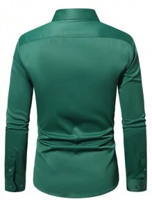 Manfinity Mode Camisa de Manga Longa Básica Masculina, Camisa de Cetim Verde Masculina, Camisa Masculina Verde Escuro, Camisa Social Masculina - Verde Escuro - Visão 2