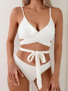 SHEIN Swim Solid Color Textured Bandeau Bikini Swimwear Set Summer - White - View 1