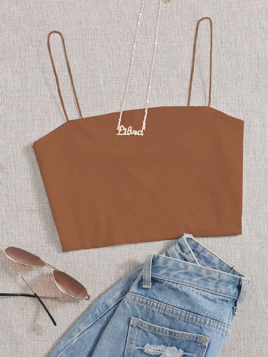 SHEIN Unity Ladies' Solid Color Cropped Camisole Top - Coffee Brown - View 1