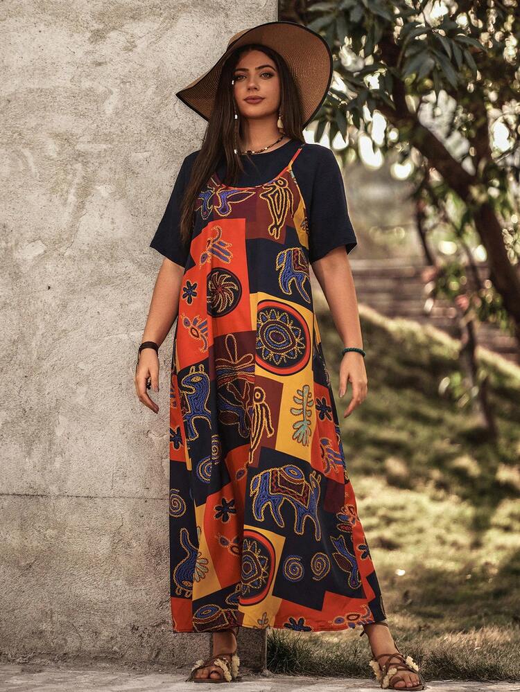 Plus Size Women's Patchwork Printed Round Neck Short Sleeve Dress