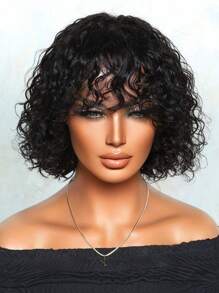 短水波真人發假髮帶劉海真正實惠頭髮替換假髮廉價假髮適合初學者準備好去假髮自然黑色 - Natural Black - 查看 3