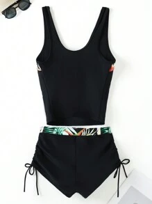 SHEIN Swim 夏季海灘熱帶植物印花無袖坦克泳衣上衣和束腰游泳褲坦克泳衣套裝 - 黑色 - 查看 2
