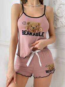 Snug Zone Bear & Letter Print Pink Tank Top And Shorts Pajama Set - Dusty Pink - View 4