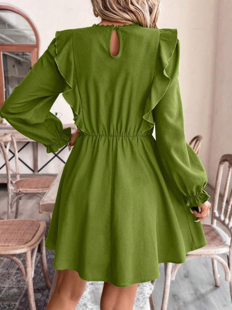 Women'S Patchwork Ruffle Hem Long Sleeve Dress