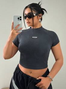 SHEIN ICON ملابس علوية محصورة ضيقة ومزخرفة بحروف كبيرة المقاس للمرأة، لفصل الصيف - أزرق بحري - مشاهدة 2