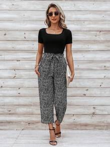 SHEIN LUNE Màu thuần Cổ vuông Thon gọn Áo thun Và Chấm bi In Thẳng Quần - Nhiều màu - Xem 1