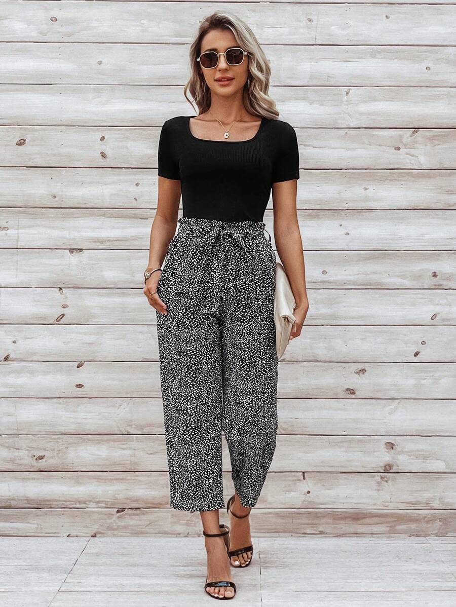 SHEIN LUNE Màu thuần Cổ vuông Thon gọn Áo thun Và Chấm bi In Thẳng Quần - Nhiều màu - Xem 1