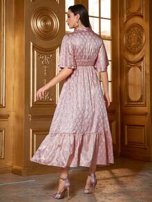 Women's Arab Style Checkered Dress With Shirred Waist And Golden Print - Pink - View 2