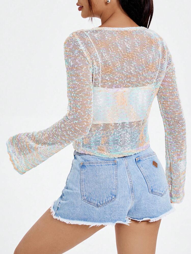 Casual Space Dye Blended Fabric Perspective Style Tie Front Y2k Cardigan